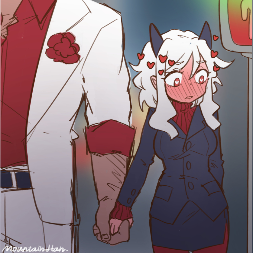 1boy 1girl black_horns black_suit blush breasts commentary demon_girl demon_horns demon_tail embarrassed formal_clothes full-face_blush head_out_of_frame heart heart-shaped_pupils helltaker helltaker_(character) hetero holding_hands holding_hands_is_lewd horns long_sleeves medium_hair modeus_(helltaker) mountain_han pantyhose pedestrian_lights red_eyes red_sweater shirt sleeves_past_wrists solo_focus suit sweater symbol-shaped_pupils tail turtleneck white_hair