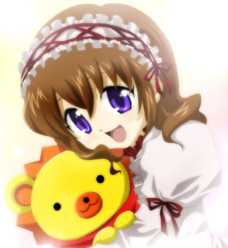 brown_hair frills open_mouth puffy_sleeves purple_eyes roro_(pixiv) sakutarou_(umineko) stuffed_animal stuffed_toy umineko_no_naku_koro_ni ushiromiya_maria