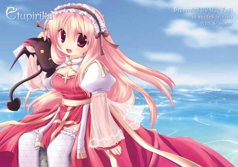 1girl 2013 arch_bishop_(ragnarok_online) blue_sky blush breasts brown_hairband cleavage cleavage_cutout clothing_cutout comiket_84 commentary_request creature cross day deviruchi dress feet_out_of_frame fishnet_thighhighs fishnets frilled_hairband frilled_thighhighs frills fujii_ryou hairband juliet_sleeves large_breasts long_hair long_sleeves looking_at_viewer ocean open_mouth outdoors pink_hair puffy_sleeves ragnarok_online red_dress red_eyes sash sitting sky smile solo thighhighs two-tone_dress white_dress white_thighhighs yellow_sash