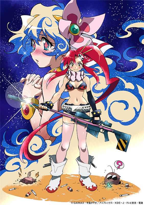 +_+ 00s 2girls ? anti-materiel_rifle araizumi_rui belt bikini bikini_top_only blush boota_(ttgl) boots bracelet bullet cross-shaped_pupils fingerless_gloves flower gainaxtop gloves gun hair_flower hair_ornament jewelry lens_flare long_hair multicolored_hair multiple_girls navel nia_teppelin official_art own_hands_clasped own_hands_together pink_legwear ponytail red_hair rifle scarf scope short_shorts shorts skindentation smile sniper_rifle studded_belt swimsuit symbol-shaped_pupils tears tengen_toppa_gurren_lagann thighhighs two-tone_hair very_long_hair weapon yellow_eyes yoko_littner
