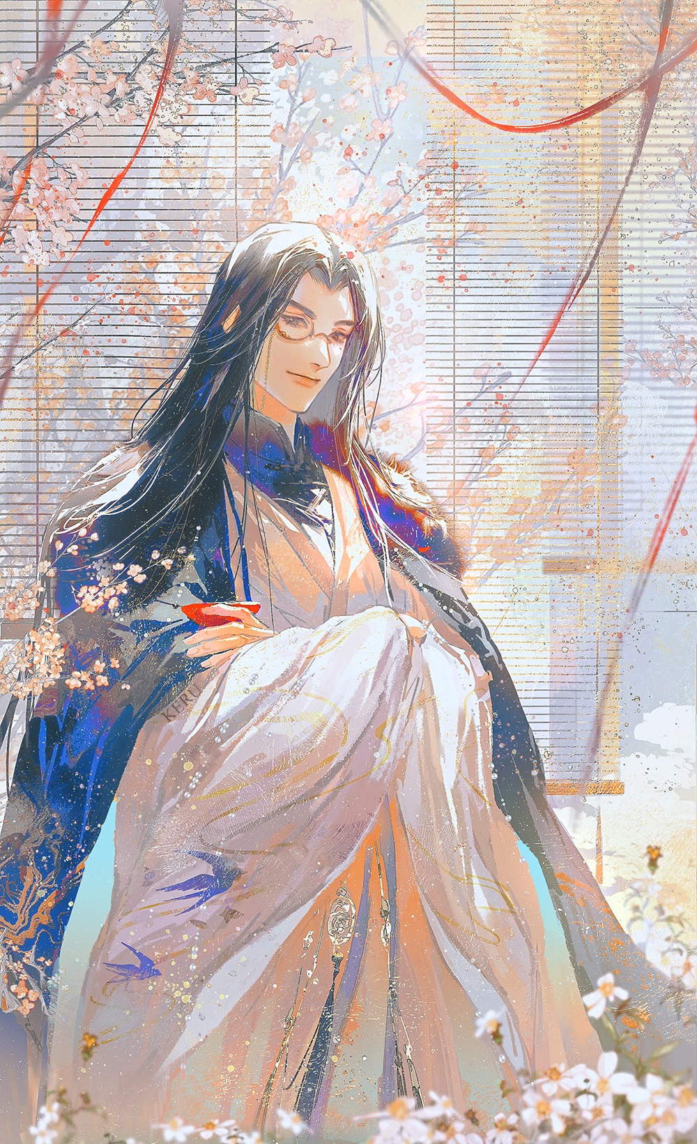 1boy animal_print artist_name bird_print black_cloak black_hair blurry brown_eyes cherry_blossoms chinese_clothes chinese_commentary cloak crossed_arms cup depth_of_field flower fur-trimmed_cloak fur_trim gradient_clothes gu_yun hanfu highres holding holding_cup keru233 long_hair long_sleeves looking_at_viewer mole mole_under_eye monocle sakazuki sha_po_lang smile solo tassel tree white_flower white_hanfu wide_sleeves window_blinds