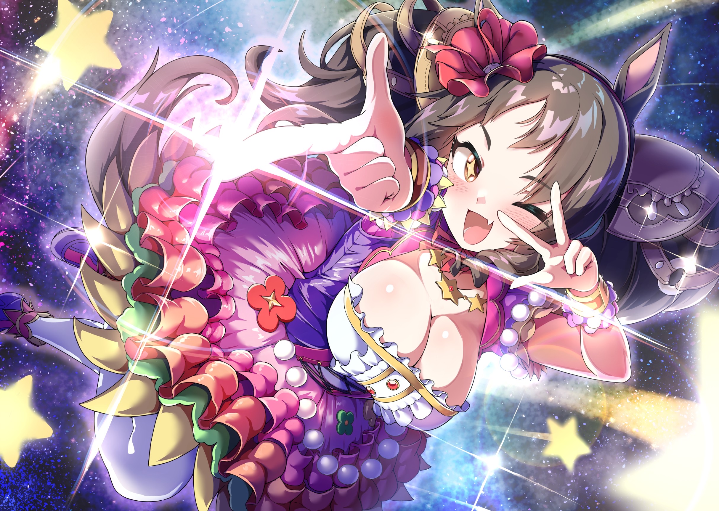 +_+ 1girl animal_ears black_hair boots breasts center_frills commentary_request corset dress fang frilled_dress frills hair_ornament hairband hekahire_isurus high_heel_boots high_heels highres horse_ears horse_girl horse_tail index_finger_raised layered_dress long_hair looking_at_viewer marvelous_sunday_(umamusume) medium_breasts midair multicolored_dress night night_sky open_mouth pantyhose pinwheel_hair_ornament pointing pointing_at_viewer purple_boots short_sleeves sky smile solo star_(sky) tail twintails umamusume w white_pantyhose wrist_cuffs yellow_eyes