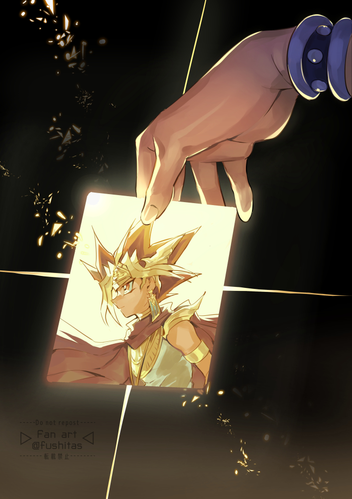 2boys atem black_background bracelet cape commentary_request earrings fushitasu gold_armlet holding holding_picture_frame jewelry male_focus multiple_boys out_of_frame parted_lips picture_frame short_hair solo spiked_hair studded_bracelet yami_yugi yu-gi-oh! yu-gi-oh!_duel_monsters