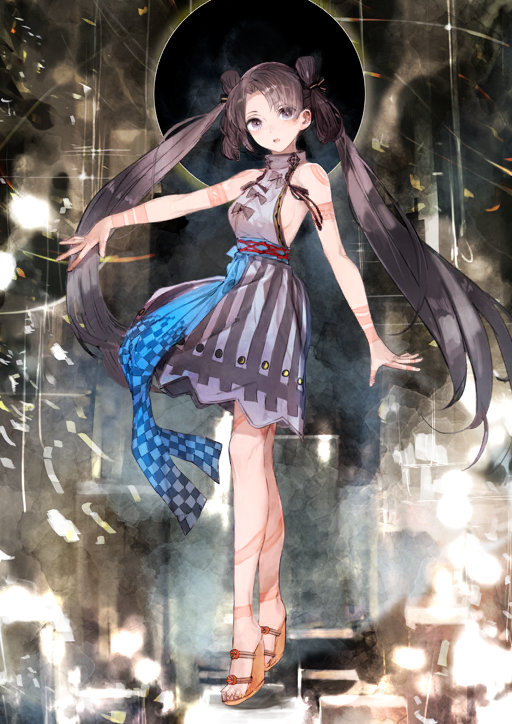 1girl :o arm_at_side arm_tattoo backless_dress backless_outfit bare_arms bare_shoulders blue_sash blush breasts brown_hair brown_sandals collared_dress dress fate/grand_order fate_(series) finger_tattoo full_body game_cg grey_eyes hair_tie halterneck hand_up head_tilt high_collar high_heel_sandals iyo_(fate) japanese_clothes leg_tattoo long_hair looking_at_viewer medium_breasts official_art open_mouth outstretched_arm sandals sash short_dress shoulder_tattoo sideboob sideless_dress sleeveless sleeveless_dress solo standing tattoo third-party_source toes toi8 twintails variant_set very_long_hair waist_sash white_dress