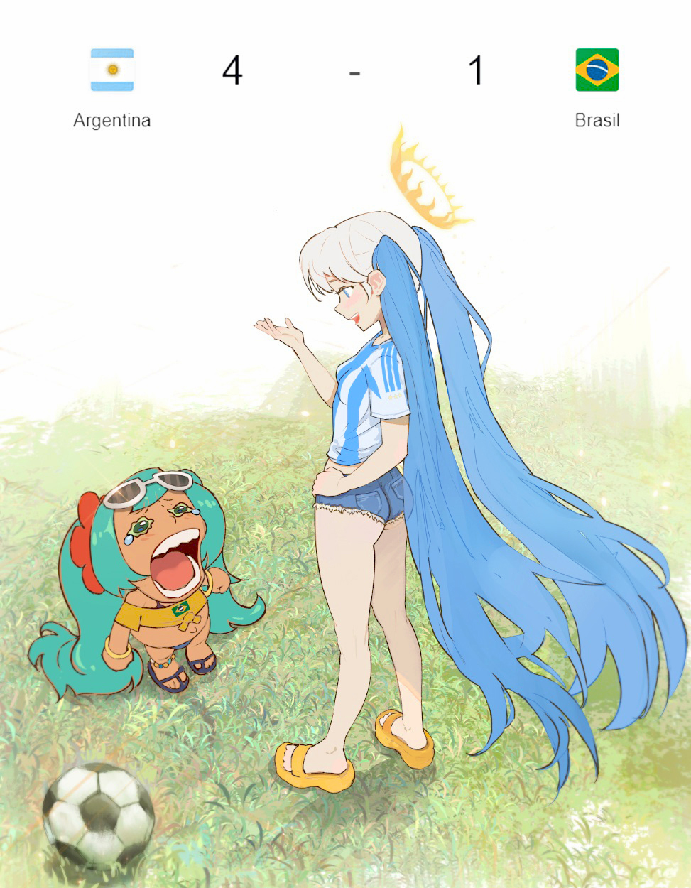 2girls aqua_hair argentina argentinian_flag argentinian_miku artist_request ball blue_eyes blue_hair brazil brazilian_flag brazilian_miku chopper_crying_(meme) crown crying denim denim_shorts female_focus flag grass green_eyes green_hair hatsune_miku highres long_hair long_twintails multiple_girls navel open_mouth sandals shorts smile soccer soccer_ball soccer_field soccer_jersey soccer_uniform sportswear sun sunglasses tears vocaloid