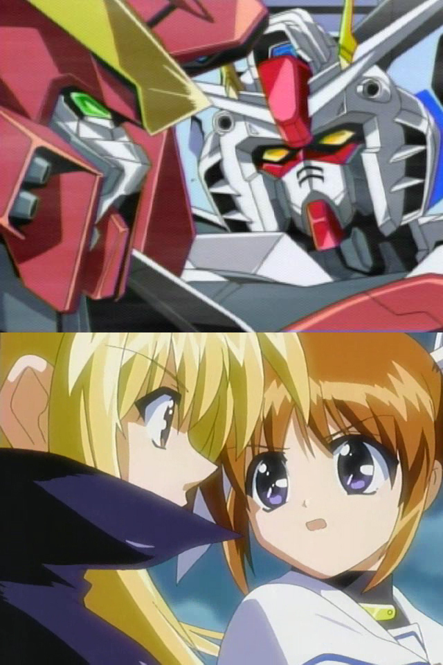 00s 2girls anime_screenshot blonde_hair comparison fate_testarossa freedom_gundam gundam gundam_seed justice_gundam lyrical_nanoha magical_girl mahou_shoujo_lyrical_nanoha mecha multiple_girls robot takamachi_nanoha twintails