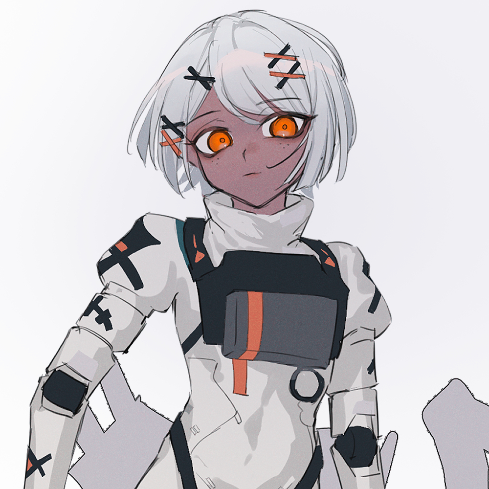 1girl bodysuit dark-skinned_female dark_skin freckles grey_background grey_hair mechanical_tail medium_hair orange_eyes punishing:_gray_raven solo sophia_(pgr) tail takamatu_hajime white_bodysuit white_hair