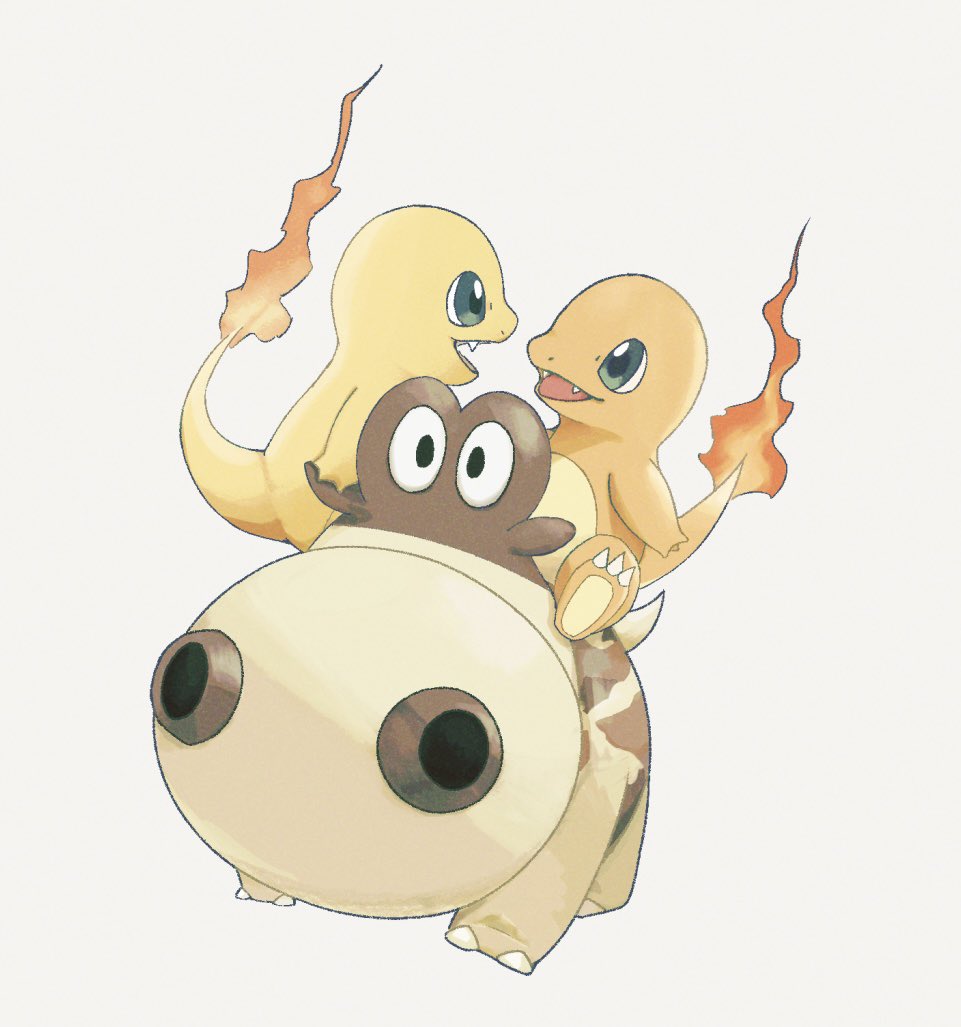 alternate_color animal_focus charmander fangs fiery_tail fire fireblast flame-tipped_tail gen_1_pokemon gen_4_pokemon hippopotas looking_at_another nintendo no_humans pokemon pokemon_(creature) riding riding_pokemon shiny_and_normal shiny_pokemon simple_background tail white_background