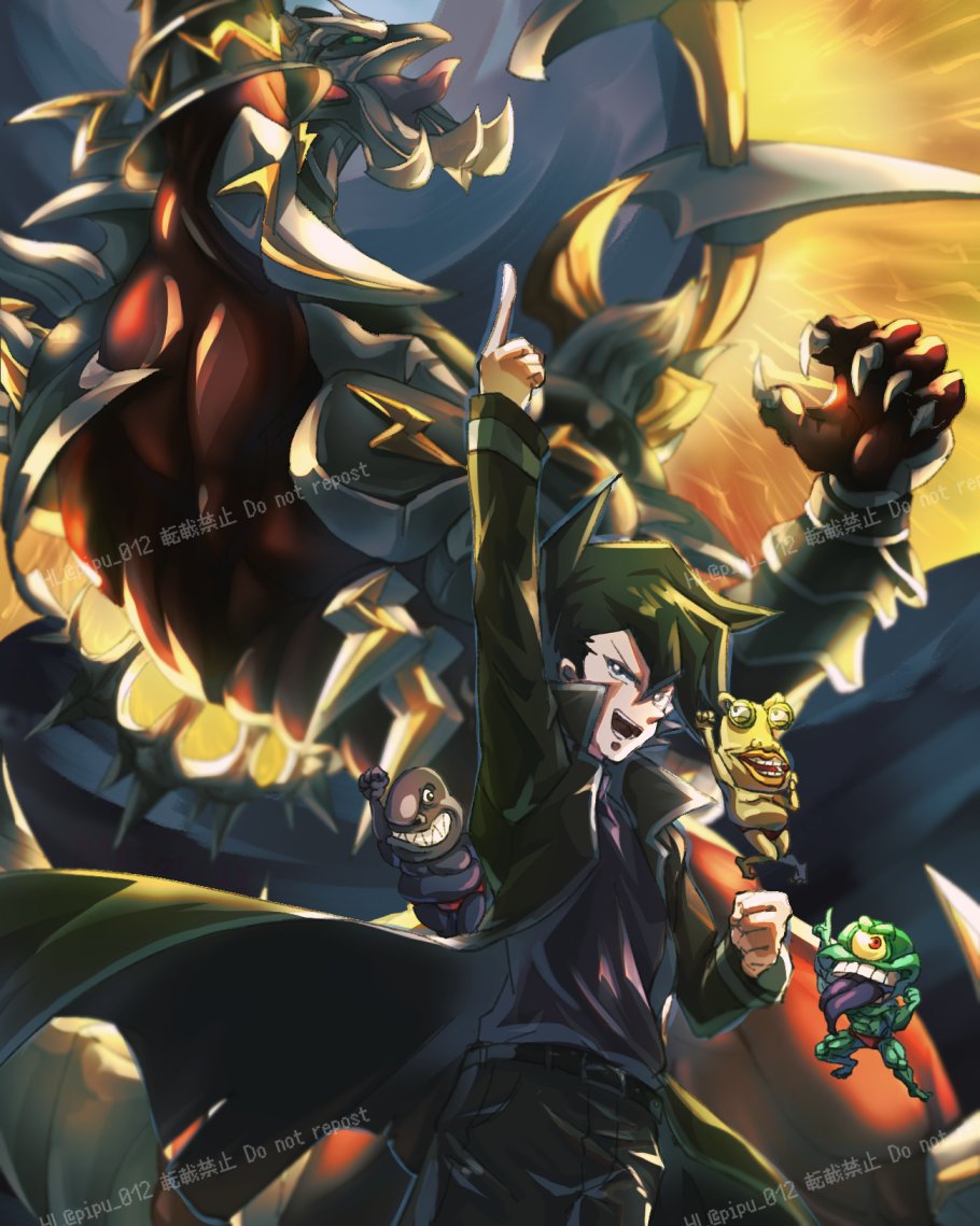 4boys arm_up armed_dragon artist_logo artist_name black_coat black_eyes black_hair black_skin coat colored_skin dragon duel_monster green_skin grey_background logo male_focus manjoume_jun multiple_boys ojama_black ojama_green ojama_yellow one-eyed pipu_012 red_skin thunder yellow_skin yu-gi-oh! yu-gi-oh!_gx