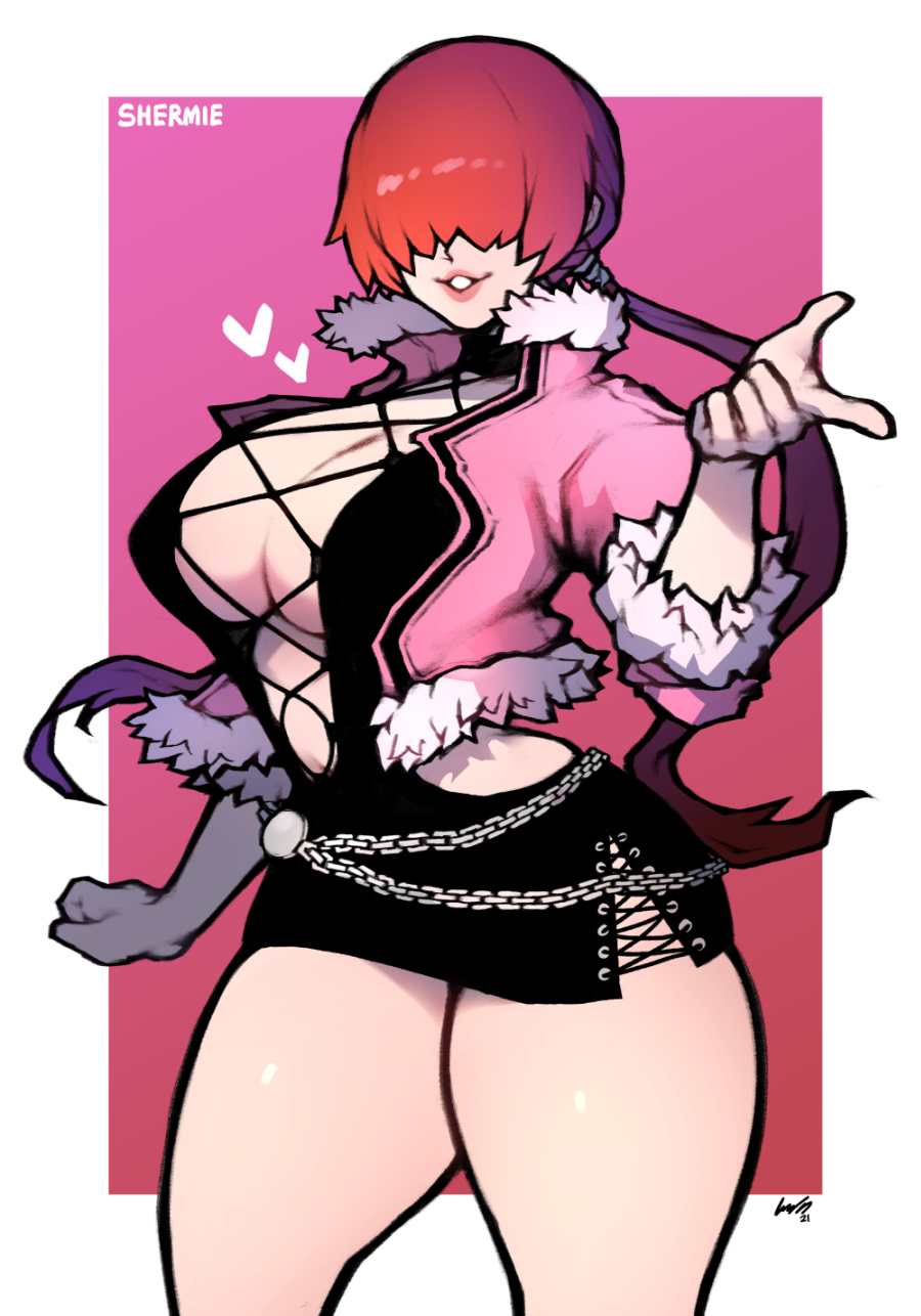 1girl breasts character_name cleavage commentary dress feet_out_of_frame fur-trimmed_jacket fur_trim ginseng_(xin) hair_over_eyes highres jacket large_breasts lips long_hair pink_background pink_jacket ponytail red_hair revealing_clothes shermie_(kof) solo the_king_of_fighters the_king_of_fighters_xv thighs two-tone_background white_background