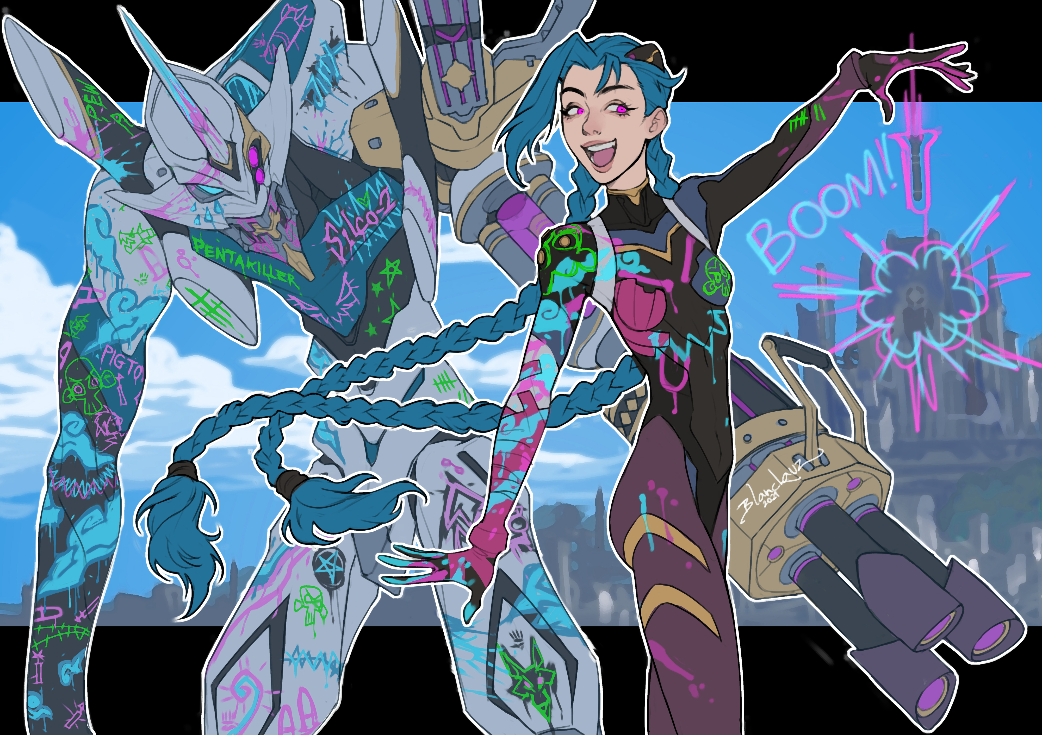 1girl 1other absurdres blanclauz blue_hair blurry blurry_background castle cityscape eva_02 gatling_gun graffiti highres jinx_(league_of_legends) league_of_legends long_hair looking_to_the_side mecha mecha_pilot_suit missile neon_genesis_evangelion paint_splatter pink_eyes plugsuit_(evangelion) pop_filter robot skull sound_effects spray_paint tally very_long_hair