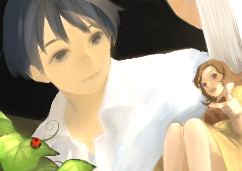 10s 1boy 1girl arrietty bad_id bad_pixiv_id bug from_below hair_down insect karigurashi_no_arrietty ladybug leaf mini_person minigirl perspective pointing shirt shou_(karigurashi_no_arrietty) studio_ghibli white_shirt zipperradio