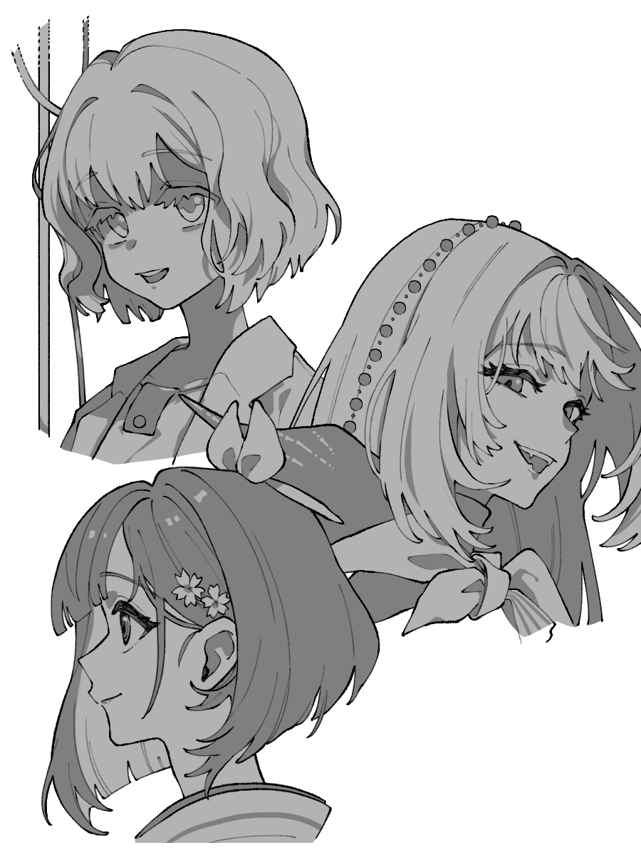 3girls :d blunt_bangs blunt_ends bow cristallo cropped_head flower greyscale hair_bow hair_flower hair_ornament highres kaeru_(uj26cobrsv) long_hair looking_ahead looking_at_viewer monochrome multiple_girls neckerchief open_mouth pearl_hair_ornament portrait profile reverse:1999 satsuki_(reverse:1999) semmelweis_(reverse:1999) short_hair smile white_background