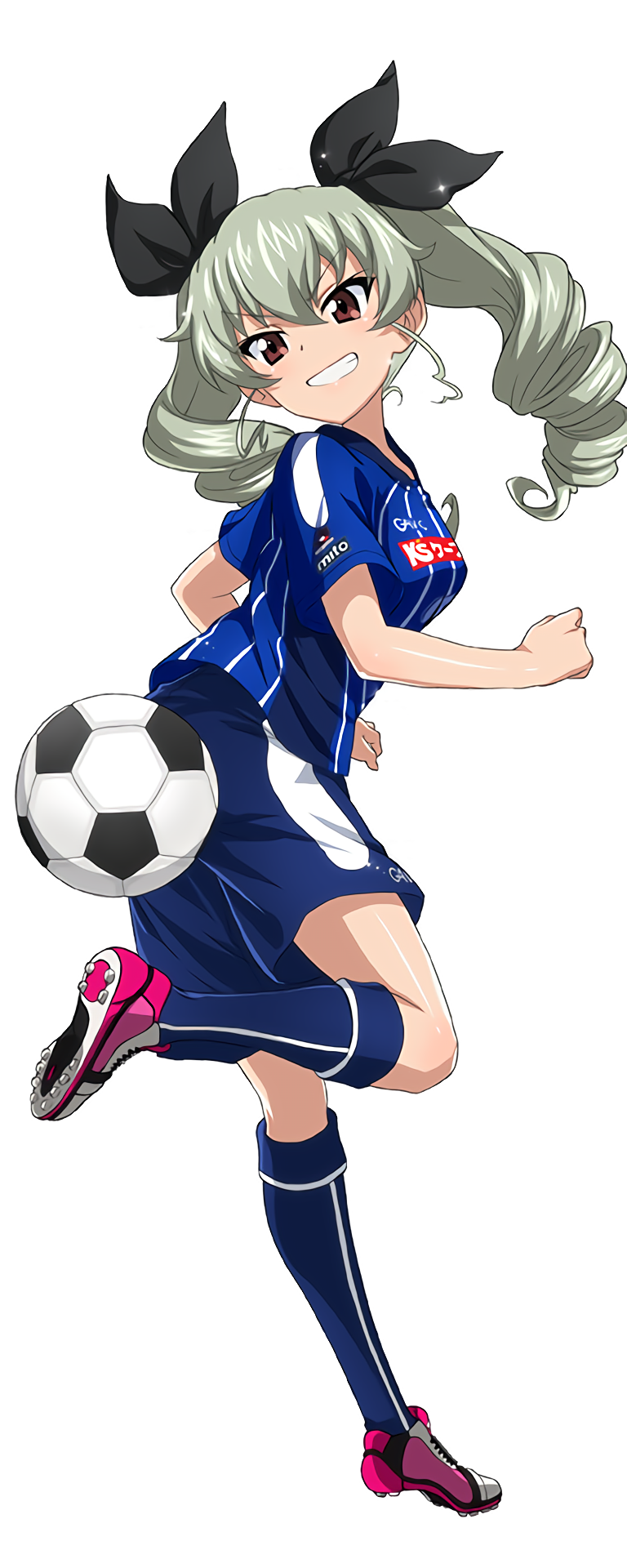 &gt;:d 10s 1girl :d anchovy_(girls_und_panzer) ball blue_shorts blue_socks blush breasts cleats clothes_writing drill_hair female_focus from_side full_body girls_und_panzer girls_und_panzer_senshadou_daisakusen! grin highres j._league kneehighs leg_up long_hair looking_to_the_side medium_breasts mito_hollyhock open_mouth parted_lips pink_shoes shiny_skin shoe_soles shoes shorts smile soccer soccer_ball soccer_uniform socks solo sportswear standing standing_on_one_leg teeth transparent_background tsurime twin_drills twintails v-shaped_eyebrows waifu2x