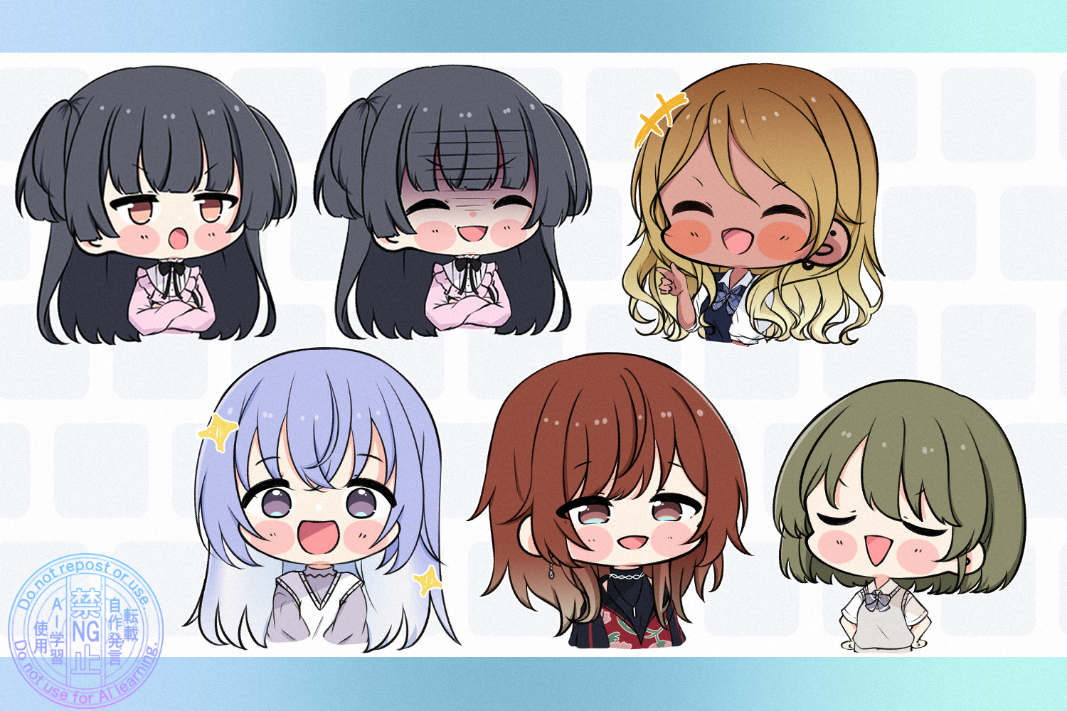 5girls aketa_mikoto black_hair blonde_hair blue_hair blush blush_stickers brown_hair chain chain_necklace chibi commentary_request cropped_torso crossed_arms false_smile gradient_hair green_hair gyaru idolmaster idolmaster_shiny_colors izumi_mei jacket jewelry jirai_kei kogal letterboxed mayuzumi_fuyuko multicolored_hair multiple_girls multiple_views nanakusa_nichika necklace pink_jacket school_uniform shaded_face smile sparkle suzuki_hana upper_body watermark yukiwanabiku