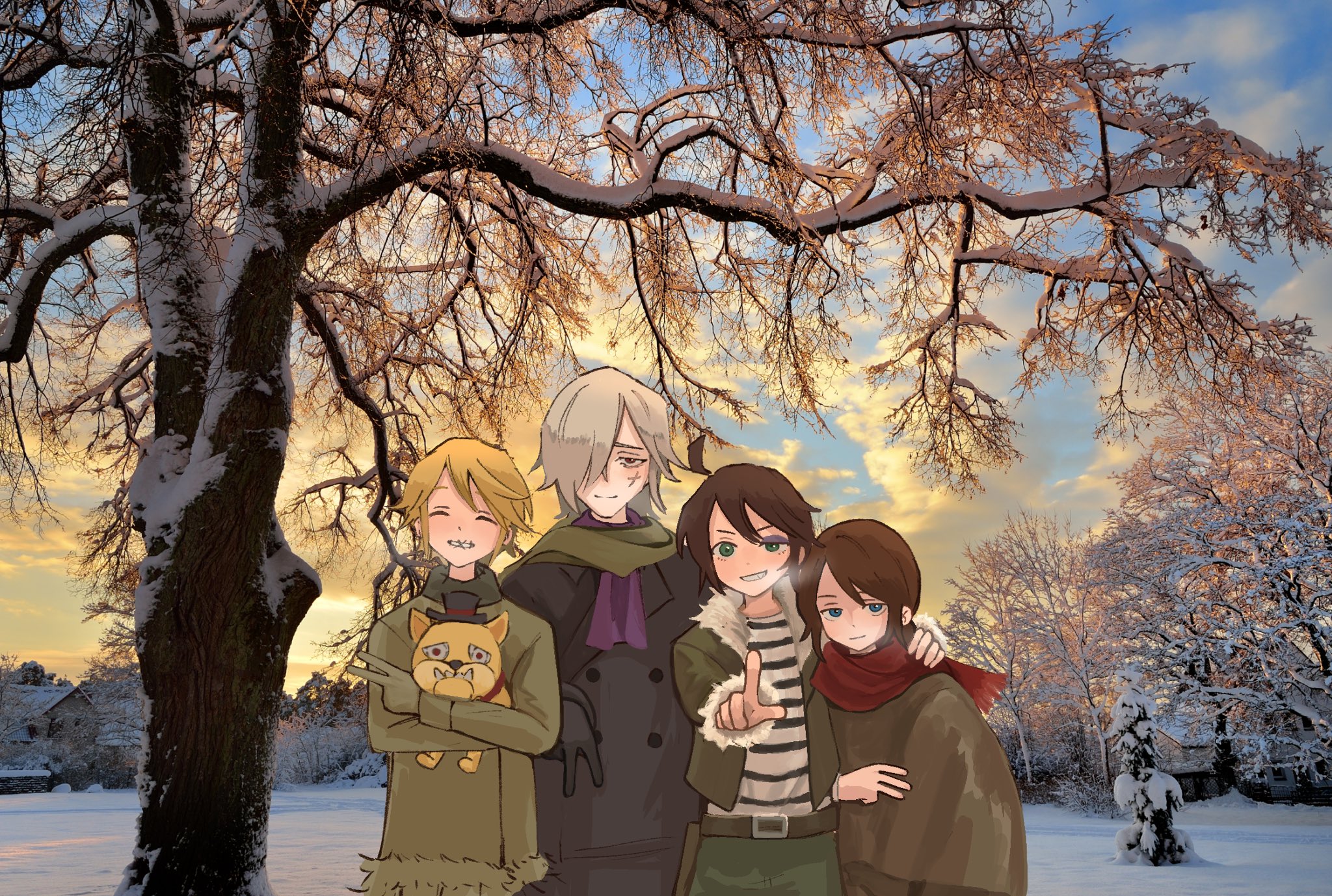 4boys andrew_kreiss animal blonde_hair blue_eyes brown_hair closed_eyes cloud cloudy_sky coat dog edgar_valden fog green_eyes green_scarf grey_hair hair_over_one_eye highres holding holding_animal holding_dog identity_v jacket luca_balsa matchavon multiple_boys one_eye_covered open_clothes pet photo-referenced photo_(medium) poncho red_eyes red_scarf scarf shirt sky snowing stitched_mouth stitches striped_clothes striped_shirt sweater tree v victor_grantz white_hair winter winter_clothes winter_coat