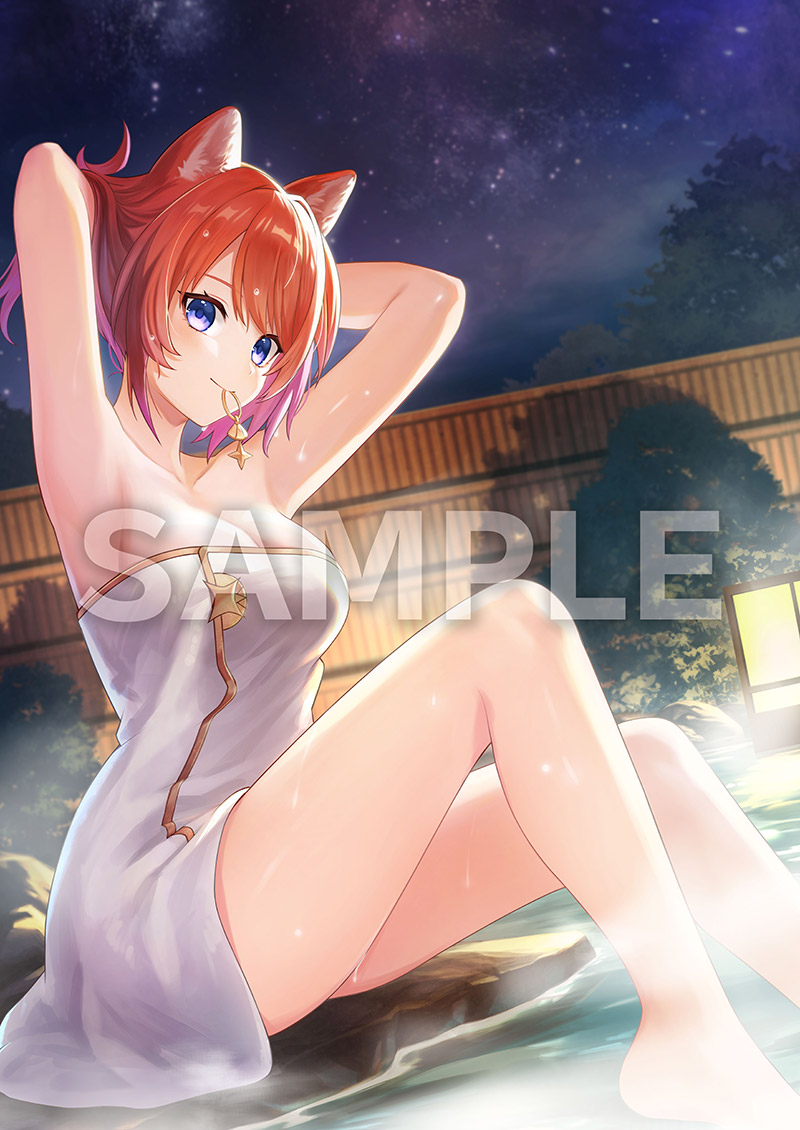 1girl animal_ears arms_behind_head atelier_(series) atelier_resleriana atelier_resleriana:_the_red_alchemist_&amp;_the_white_guardian cat_ears cat_girl looking_at_viewer official_art onsen purple_eyes red_hair rias_eidreise sample_watermark sitting smile towel watermark wet