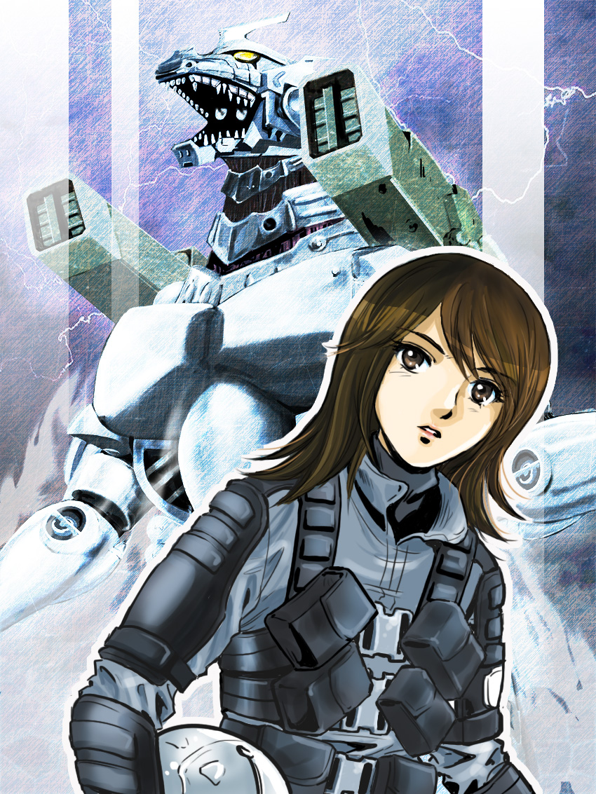 1girl ammunition_backpack anti-megalosaurus_force back_unit boosters brown_eyes brown_hair cannon cyborg directed-energy_weapon energy_cannon energy_weapon female_focus godzilla_(series) godzilla_against_mechagodzilla japan_self-defense_force jetpack jxsdf kaiju kiryu_(godzilla) lightning maser_cannon mecha mechagodzilla military military_uniform military_vehicle military_weapon missile_launcher missile_pod mouth_cannon pilot_suit puchikotei roaring robot rocket_launcher rocket_pod short_hair shoulder_cannon shoulder_gun tactical_clothes thrusters thunder toho type-99_twin_maser_cannon weapon yashiro_akane