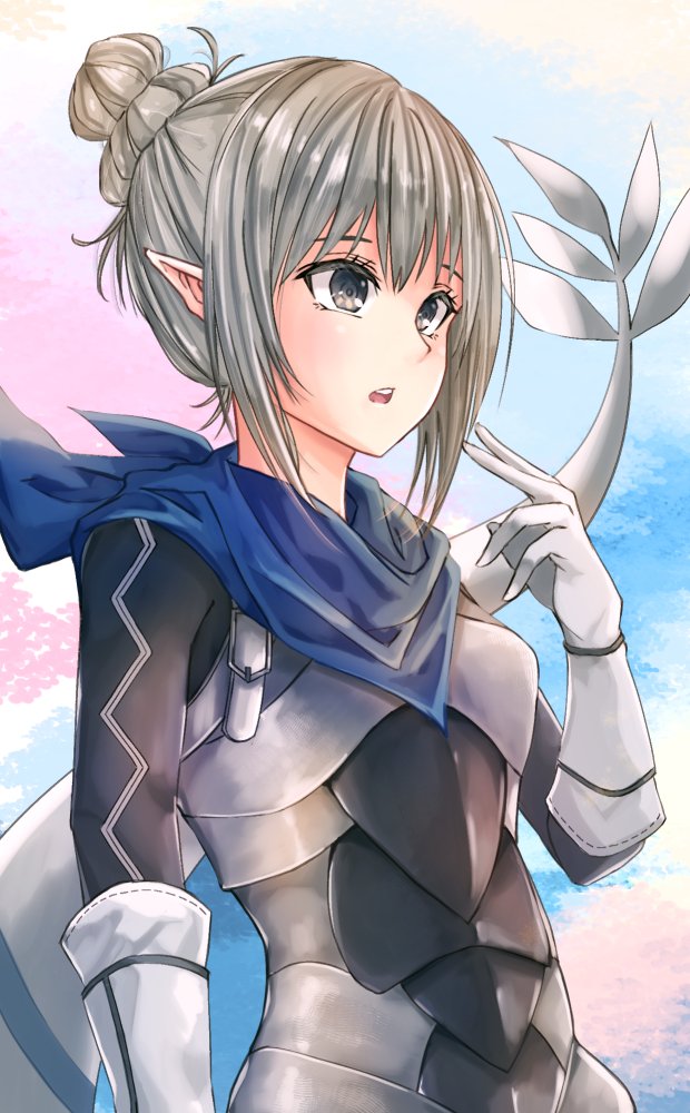 1girl armor black_bodysuit blue_scarf bodysuit dragon_girl dragon_tail fire_emblem fire_emblem_fates fuussu_(21-kazin) gloves grey_eyes grey_hair hair_bun female_kana_(fire_emblem) nintendo open_mouth pointy_ears scarf single_hair_bun solo tail white_gloves