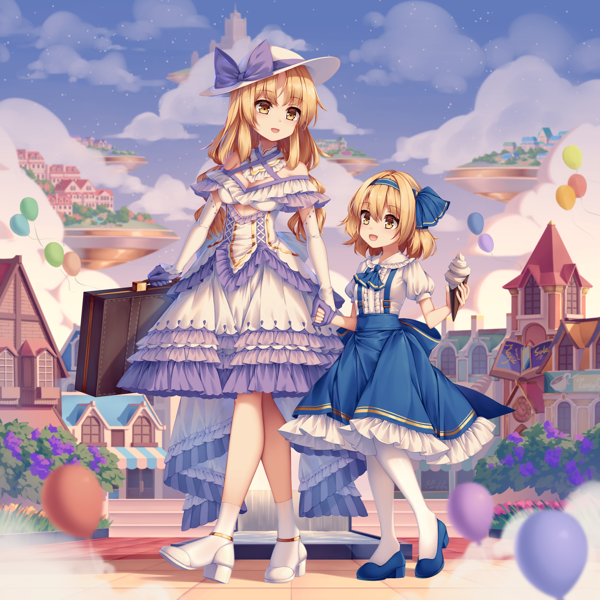 2girls absurdres aged_down alice_margatroid alice_margatroid_(pc-98) ascot balloon blonde_hair blue_ascot blue_hairband blue_shoes bow breasts building child cleavage cloud collared_shirt commentary dress eye_contact food frilled_shirt_collar frilled_skirt frills gloves hairband hat hat_bow highres holding holding_hands holding_ice_cream_cone ice_cream ice_cream_cone long_hair looking_at_another louise_(touhou) mechrailgun medium_hair multiple_girls open_mouth outdoors pantyhose puffy_short_sleeves puffy_sleeves purple_bow purple_dress purple_gloves shirt shoes short_sleeves skirt smile socks suspender_skirt suspenders touhou touhou_(pc-98) two-tone_dress white_dress white_hat white_pantyhose white_shirt white_shoes white_socks yellow_eyes