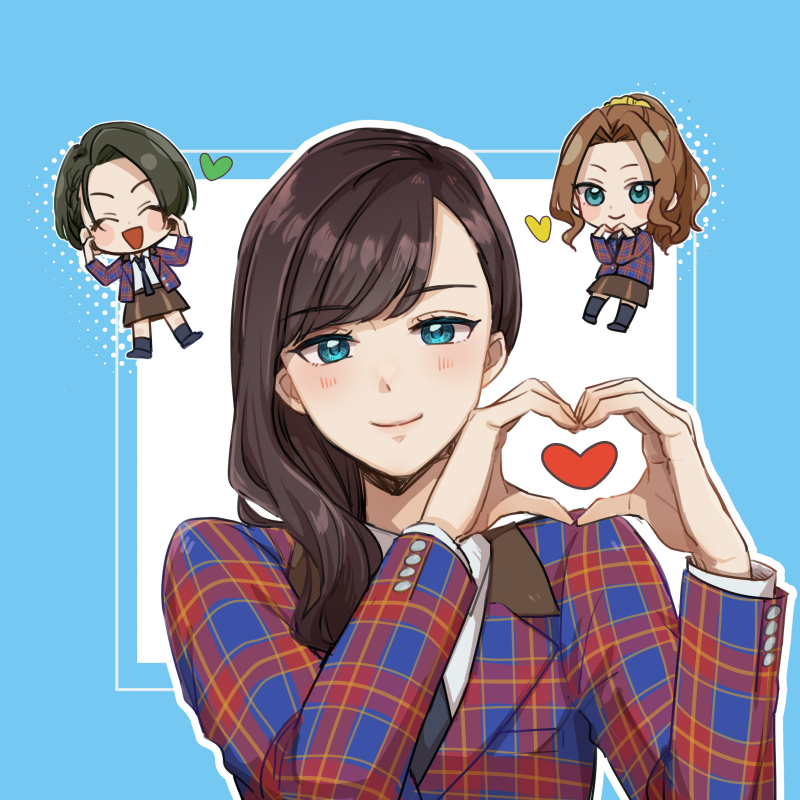 3girls :d ^_^ black_hair black_shoes black_socks blazer blue_border blue_eyes blue_jacket blue_necktie blush_stickers border brown_hair brown_skirt buttons chibi chibi_inset closed_eyes closed_mouth collared_shirt commentary_request curtained_hair elbows_together facing_viewer hair_over_shoulder hands_up heart heart_arms heart_hands heart_in_heart_hands honami_hisame jacket lapels light_blush looking_at_viewer minase_suzu multicolored_jacket multiple_girls necktie ni_kki04_s notched_lapels open_clothes open_jacket open_mouth outline outside_border parted_bangs plaid_clothes plaid_jacket red_jacket shirt shoes shoujo_kageki_revue_starlight sidelocks simple_background skirt smile socks straight-on two-tone_jacket upper_body wavy_hair white_background white_outline yanagi_koharu