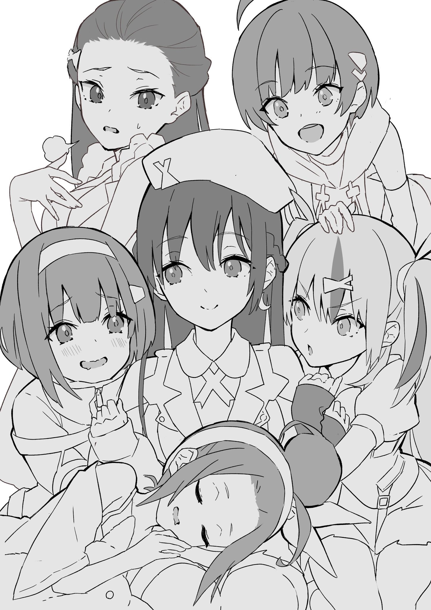 6+girls ahoge aoi_momo bangs_pinned_back beret braid closed_eyes crescent crescent_hair_ornament fish_hair_ornament forehead gloves hair_bun hair_ornament hairband half_up_braid hat heaven_burns_red highres hood hoodie long_hair monochrome multiple_girls ooshima_ichiko ooshima_isuzu ooshima_minori ooshima_muua ooshima_niina ooshima_yotsuha puffy_short_sleeves puffy_sleeves short_hair short_sleeves siblings sidelocks sisters sleeping team_31e_(heaven_burns_red) two_side_up