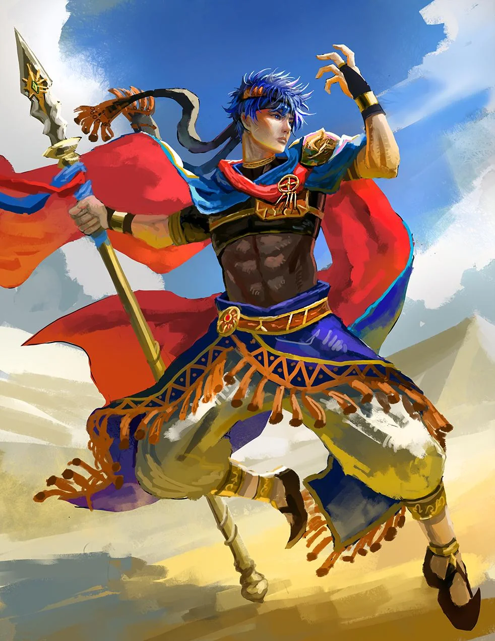 1boy blue_eyes closed_mouth commentary day desert english_commentary fire_emblem fire_emblem:_path_of_radiance fire_emblem_heroes highres holding holding_polearm holding_weapon ike_(fire_emblem) ike_(jehanna)_(fire_emblem) lips male_focus nintendo official_alternate_costume outdoors polearm short_hair sky solo weapon yanmanxplore