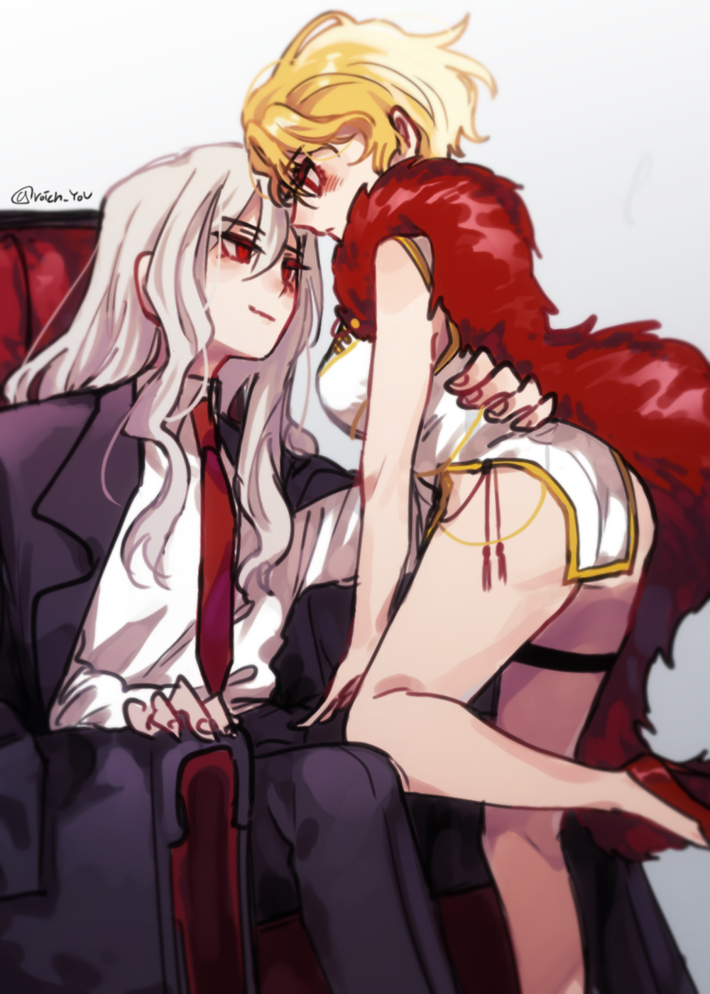 black_jacket black_pants blonde_hair breasts china_dress chinese_clothes don_quixote_(project_moon) dress feather_boa feathers high_heels highres hug jacket la_manchaland&#039;s_don_quixote_(project_moon) large_breasts limbus_company long_hair necktie pants pmchell_04 project_moon red_necktie sancho_(project_moon) shirt short_hair sitting slit_pupils waist_hug white_hair white_shirt