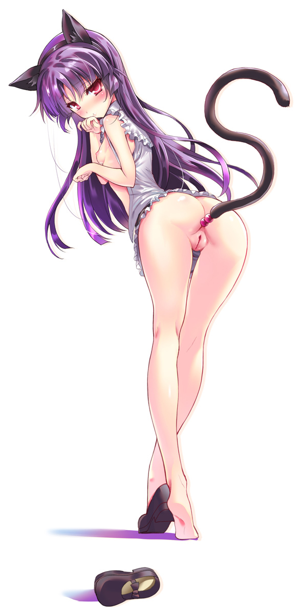 1girl anal anal_beads anal_object_insertion anal_tail animal_ears bent_over bottomless breasts butt_plug cat_ears cat_tail fake_animal_ears fake_tail female_focus gokou_ruri highres mpeg7 nipples object_insertion ore_no_imouto_ga_konna_ni_kawaii_wake_ga_nai paw_pose purple_eyes purple_hair pussy sex_toy simple_background small_breasts solo tail uncensored white_background