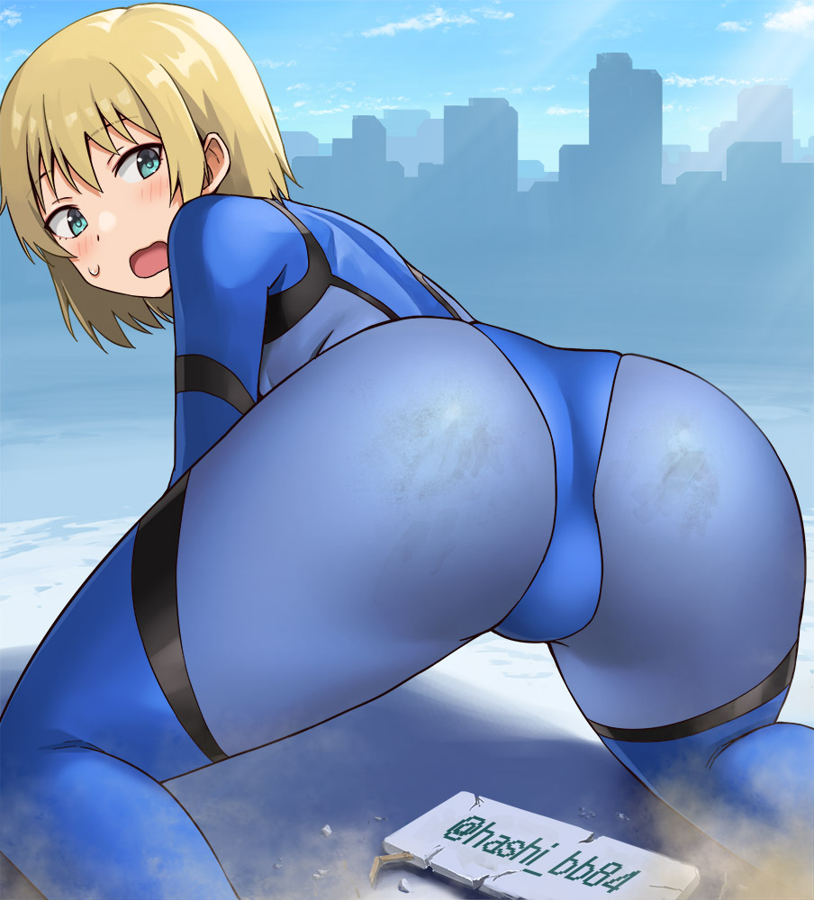 1girl ass black_bodysuit blonde_hair blue_bodysuit blue_eyes blush bodysuit commentary_request embarrassed from_behind giant giantess grey_bodysuit hashi meme multicolored_bodysuit open_mouth original outdoors short_hair skin_tight solo tokusatsu twitter_username