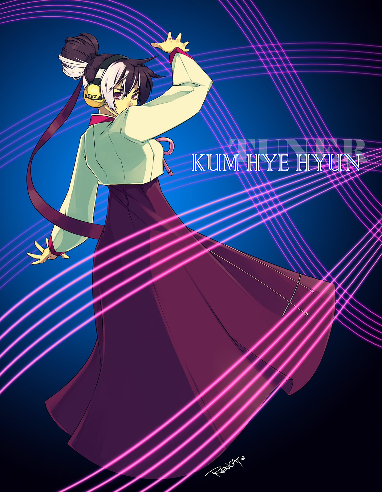 1girl black_hair character_name cropped_jacket dress female_focus glowing guilty_gear guilty_gear_xrd hair_bun hair_ribbon headphones highres korean_clothes kum_haehyun long_dress multicolored_hair neon_trim purple_dress purple_eyes redcat ribbon short_hair signature single_hair_bun solo string two-tone_hair white_hair