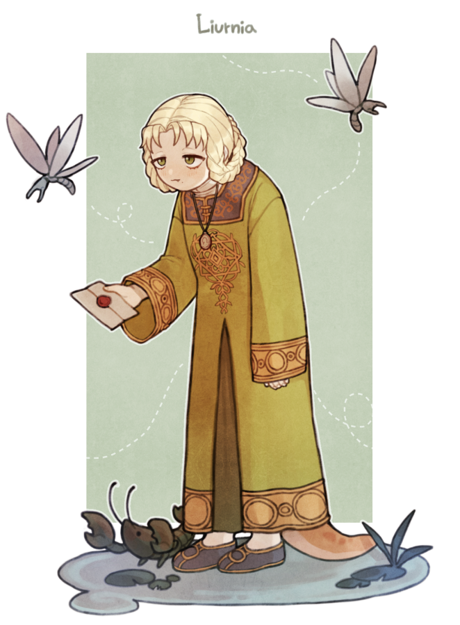 1girl arched_back blonde_hair braid brown_footwear crayfish donar0217 dress elden_ring envelope full_body giant_dragonfly_(elden_ring) green_dress green_eyes holding holding_envelope jewelry necklace puddle rya_(elden_ring) simple_background snake_tail standing tail twin_braids