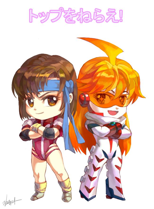 +_+ 2girls ahoge blue_headband bodysuit chibi commentary_request crossed_arms gloves headband headgear kim_yura_(goddess_mechanic) korean_commentary leotard long_hair medium_hair multiple_girls nono_(top_wo_nerae_2!) open_mouth orange_hair red_gloves red_leotard signature smile takaya_noriko top_wo_nerae! top_wo_nerae!_(series) top_wo_nerae_2! translation_request white_bodysuit yellow_gloves
