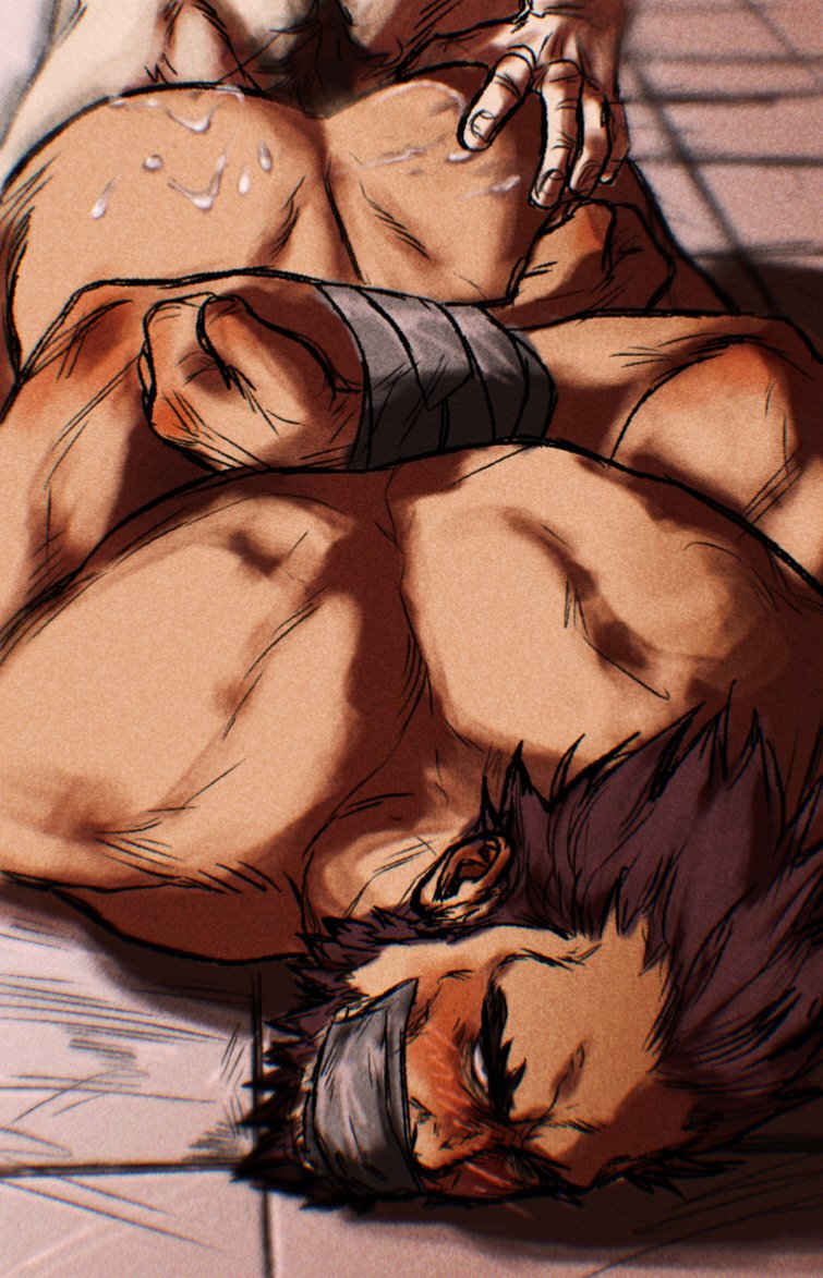 2boys anal arms_behind_back ass bara beard blush completely_nude cum cum_on_ass cum_on_body dorohedoro facial_hair full_beard gag hand_on_another&#039;s_ass improvised_gag lying male_focus male_penetrated male_pubic_hair mature_male multiple_boys muscular muscular_male nude on_stomach prone_bone pubic_hair sex sex_from_behind short_hair smokerichi solo_focus tanba_(dorohedoro) tape tape_gag thick_beard thick_eyebrows yaoi