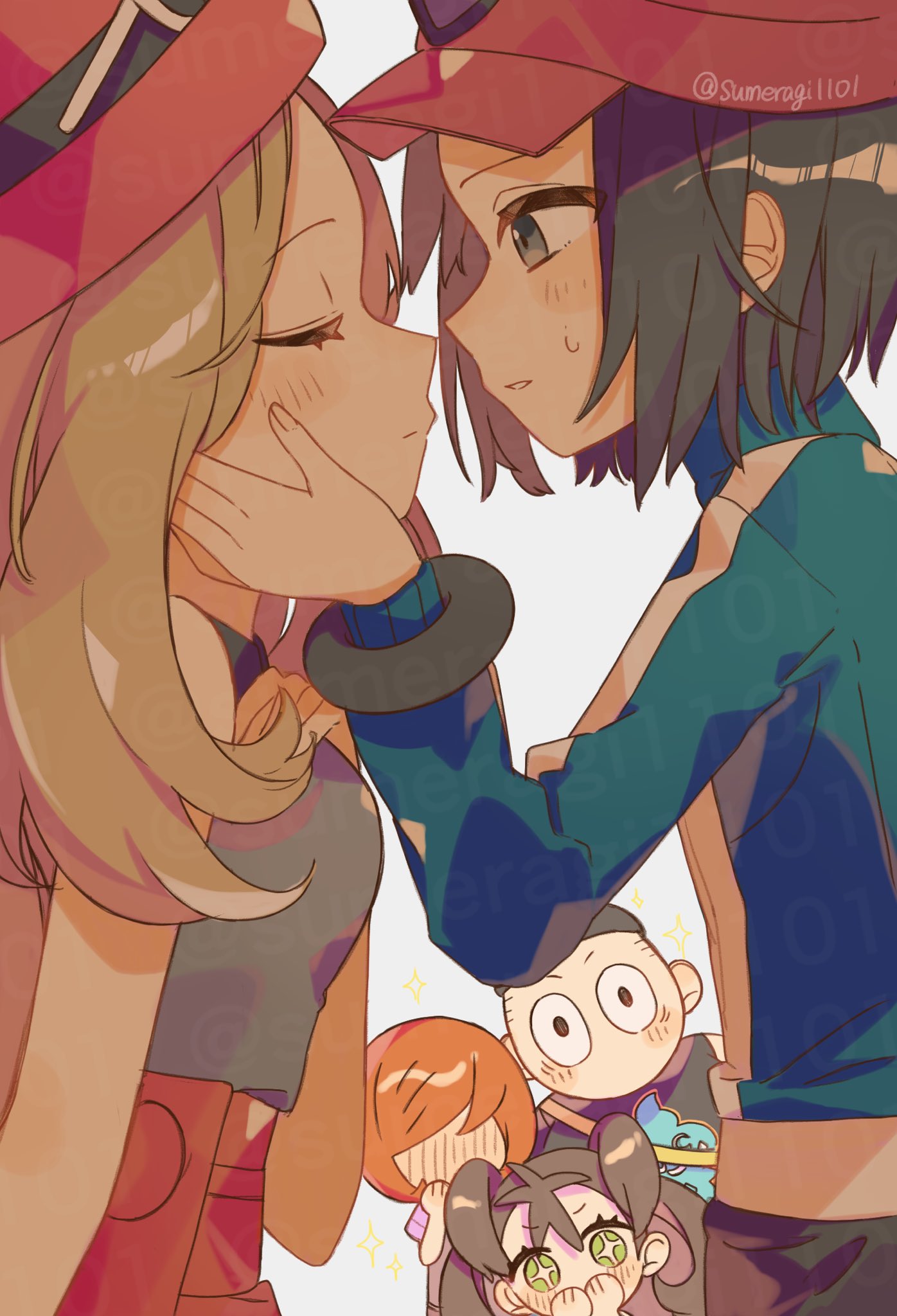 +_+ 2girls 3boys black-framed_eyewear black_hair black_shirt blonde_hair blue_jacket blush breasts brown_hair calem_(pokemon) closed_eyes commentary_request eyewear_on_headwear from_side grey_eyes hands_on_another's_face hat hetero highres imminent_kiss jacket long_hair long_sleeves multiple_boys multiple_girls nintendo orange_hair pokemon pokemon_xy red_hat serena_(pokemon) shauna_(pokemon) shirt short_hair simple_background sleeveless sleeveless_shirt small_breasts sparkle sumeragi1101 sweat sweatdrop tierno_(pokemon) trevor_(pokemon) twitter_username white-framed_eyewear white_background