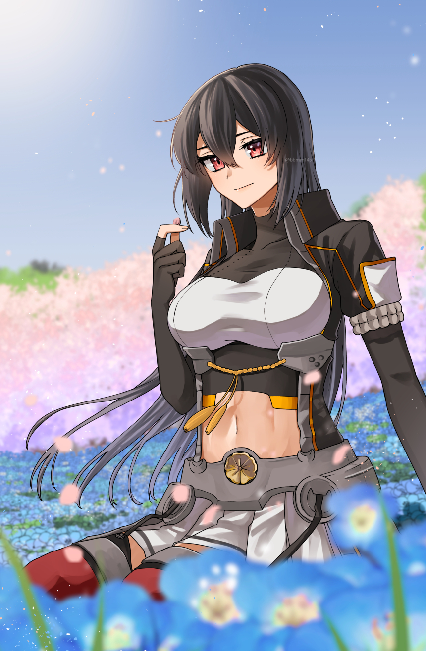 1girl black_gloves black_hair blue_flower blurry blurry_background blurry_foreground breasts cherry_blossoms closed_mouth day flower gloves hair_between_eyes highres kantai_collection large_breasts long_hair looking_at_viewer machi_(ritovoyage) midriff nagato_(kancolle) nagato_kai_ni_(kancolle) navel outdoors partially_fingerless_gloves petals pleated_skirt red_eyes red_thighhighs sitting skirt sky solo tassel thighhighs very_long_hair white_skirt