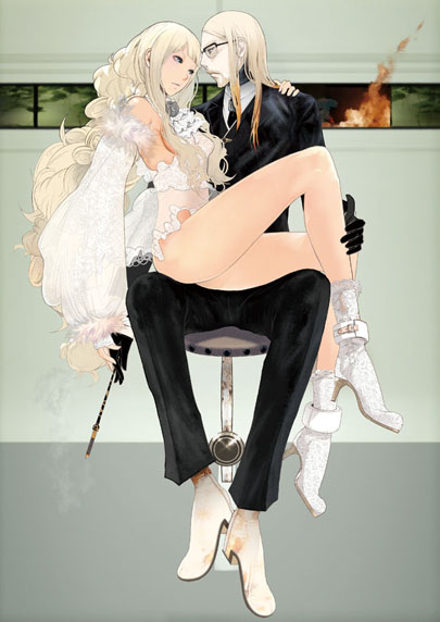 1boy 1girl blonde_hair boots bottomless breasts high_heels legs long_hair maeda_hirotaka original shoes sideboob sitting sitting_on_lap sitting_on_person small_breasts