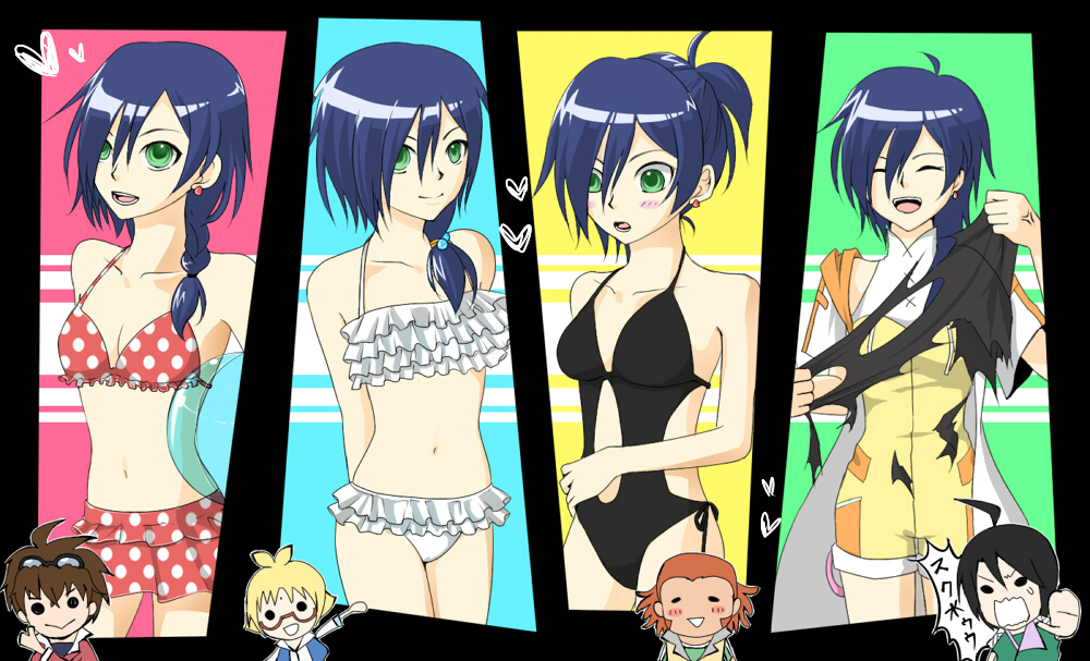 1girl ahoge bakugan bakugan_gundalian_invaders bikini black_hair blue_hair brown_hair chibi dark_skin fabia_sheen frilled_bikini frills glasses goggles goggles_on_head green_eyes hood hooded_jacket jacket jake_vallory kazami_shun kuusou_danma marukura_marucho navel orange_hair polka_dot polka_dot_swimsuit ruffle_bikini short_hair shorts smile swimsuit