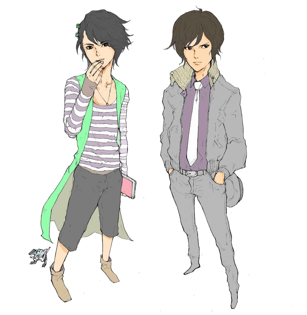 2boys arm_at_side belt belt_buckle black_eyes black_hair black_pants book brown_footwear brown_hair buckle closed_mouth collarbone fang_memory finger_to_mouth foreshortening full_body grey_jacket hands_in_pockets hidari_shoutarou holding holding_book jacket kamen_rider kamen_rider_w kyuraa_(kyura9een) long_sleeves looking_at_viewer male_focus multiple_boys necktie open_clothes open_jacket pants philip philip_(kamen_rider) shirt shoes simple_background smile standing striped_clothes striped_shirt unzipped white_background white_necktie