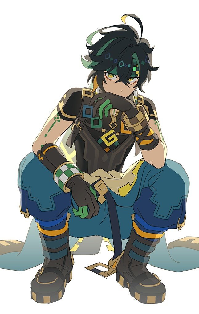 1boy angduuuu_(ghost) black_boots black_gloves black_hair blue_pants boots clothes_around_waist earrings full_body genshin_impact gloves green_gloves green_hair hair_between_eyes headband jewelry kinich_(genshin_impact) korean_commentary looking_at_viewer male_focus multicolored_gloves multicolored_hair pants shirt short_sleeves simple_background solo squatting white_background