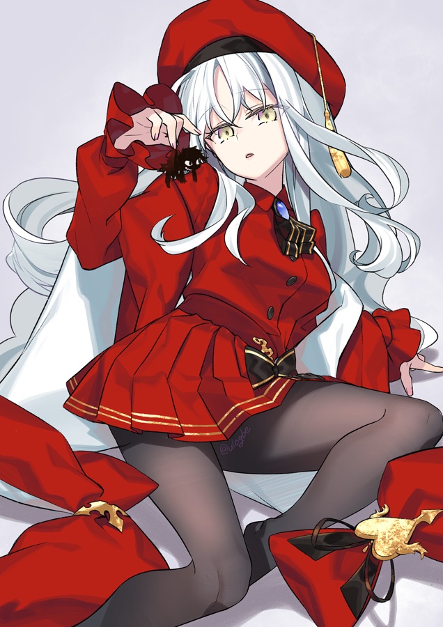 1boy 1girl angra_mainyu_(fate) beret breasts brooch brown_pantyhose caren_hortensia caren_hortensia_(amor_caren) caren_hortensia_(amor_caren)_(second_ascension) dress fate/grand_order fate_(series) gold_trim hat jewelry long_hair long_sleeves looking_at_viewer medium_breasts mini_person neck_ribbon negi_(ulog&#039;be) pantyhose parted_lips red_dress red_hat ribbon shawl shroud_of_magdalene thighs wavy_hair white_background white_hair yellow_eyes