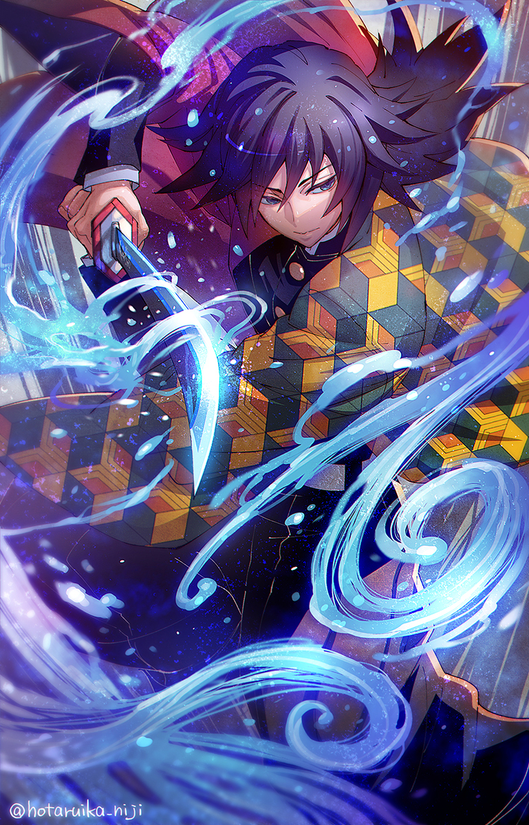 1boy black_hair black_jacket black_pants blue_eyes closed_mouth commentary_request feet_out_of_frame fighting_stance hair_between_eyes hakama hakama_pants haori highres holding holding_sword holding_weapon hotaruika_niji jacket japanese_clothes katana kimetsu_no_yaiba long_hair long_sleeves looking_away low_ponytail male_focus pants ponytail solo sword tomioka_giyuu twitter_username water weapon