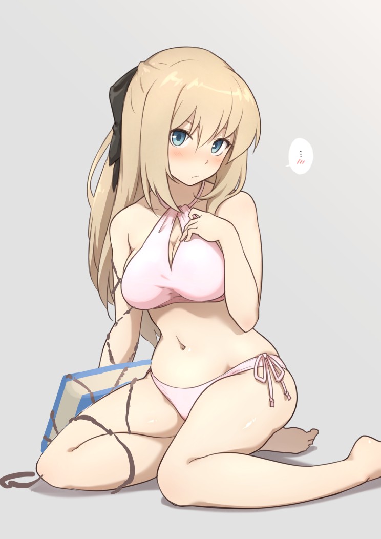 1girl bikini blonde_hair blue_eyes book breasts chain cleavage cleavage_cutout closed_mouth clothing_cutout cyrille_(shining_force_exa) embarrassed frown grey_background hair_between_eyes half_updo halterneck head_tilt kiikii_(kitsukedokoro) long_hair looking_at_viewer pink_bikini sega shining_(series) shining_force_exa side-tie_bikini_bottom simple_background solo spoken_blush swimsuit wide_hips