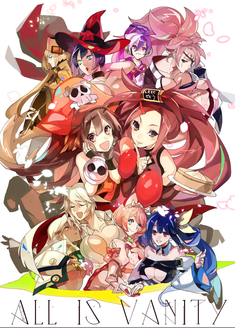 6+girls baiken steamed_bun belt black_hair blonde_hair blue_eyes blue_hair breasts brown_hair chinese_clothes cleavage closed_eyes clover collarbone spiked_halo covered_erect_nipples detached_sleeves dizzy_(guilty_gear) dress elphelt_valentine english_text eyepatch fingerless_gloves food gloves guilty_gear guilty_gear_xrd hair_between_eyes hair_ribbon halo hat heterochromia i-no jack-o&#039;_valentine japanese_clothes kimono kum_haehyun kuradoberi_jam large_breasts long_hair may_(guilty_gear) medium_breasts medium_hair millia_rage multicolored_hair multiple_girls pantyhose petals pink_hair pirate_hat ponytail purple_eyes purple_hair ramlethal_valentine red_eyes ribbon scar scar_across_eye scar_on_face short_hair simple_background skin_tight skull smile sumi_(penon62) twintails underboob wedding_dress white_background witch_hat yellow_ribbon
