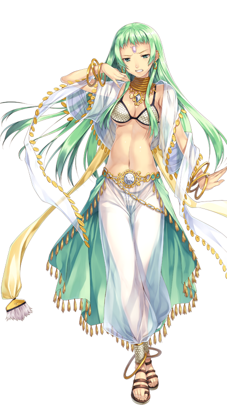 1girl artist_request bangle bikini bracelet breasts cleavage clenched_teeth coin_(ornament) dancer dancer_(ragnarok_online) forehead_jewel full_body gold green_eyes green_hair green_skirt grey_sandals half-closed_eyes hand_up harem_pants jewelry large_variant_set long_hair looking_at_viewer medium_breasts navel neck_ring official_art pants pink_gemstone ragnarok:_guild_masters ragnarok_online sandals see-through_clothes see-through_pants sequins shawl short_bangs showgirl_skirt simple_background skirt solo standing swimsuit teeth transparent_background v-shaped_eyebrows variant_set white_bikini white_gemstone white_pants