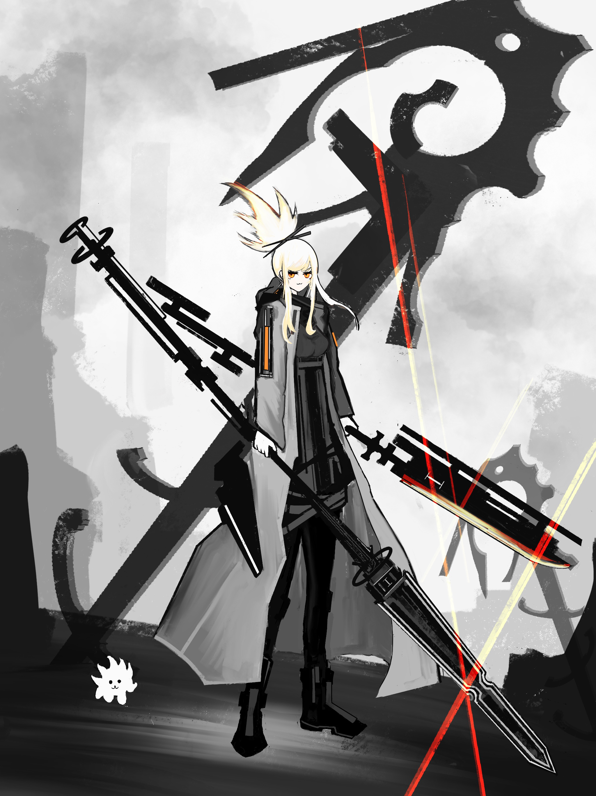 1girl :3 absurdres blonde_hair dual_wielding highres holding holding_weapon huge_weapon looking_at_viewer orange_eyes original outdoors ponytail riz_kira solo standing weapon