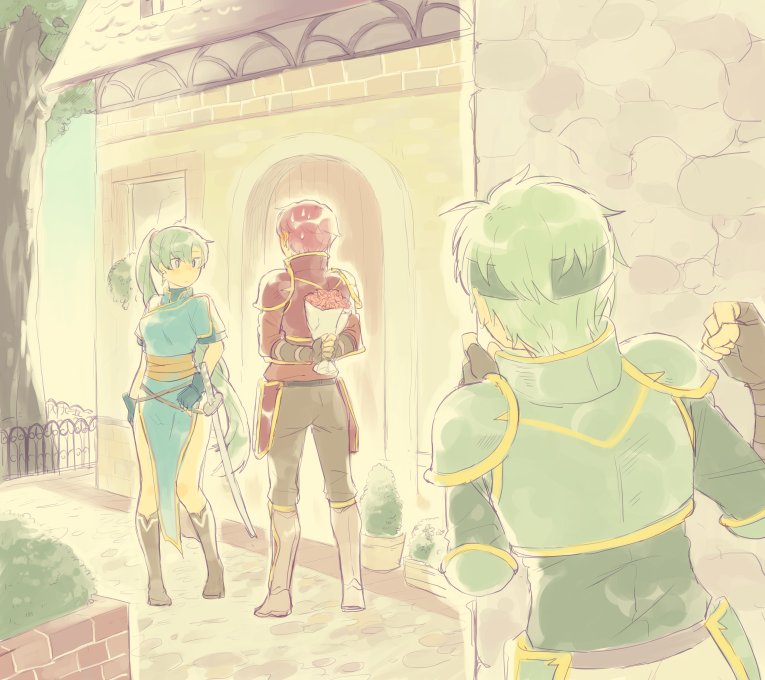 2boys aisutabetao armor bad_id bad_twitter_id dress fire_emblem fire_emblem:_the_blazing_blade flower full_body green_eyes green_hair high_ponytail kent_(fire_emblem) long_hair lyn_(fire_emblem) male_focus multiple_boys nintendo orange_hair ponytail red_hair sain_(fire_emblem) side_slit