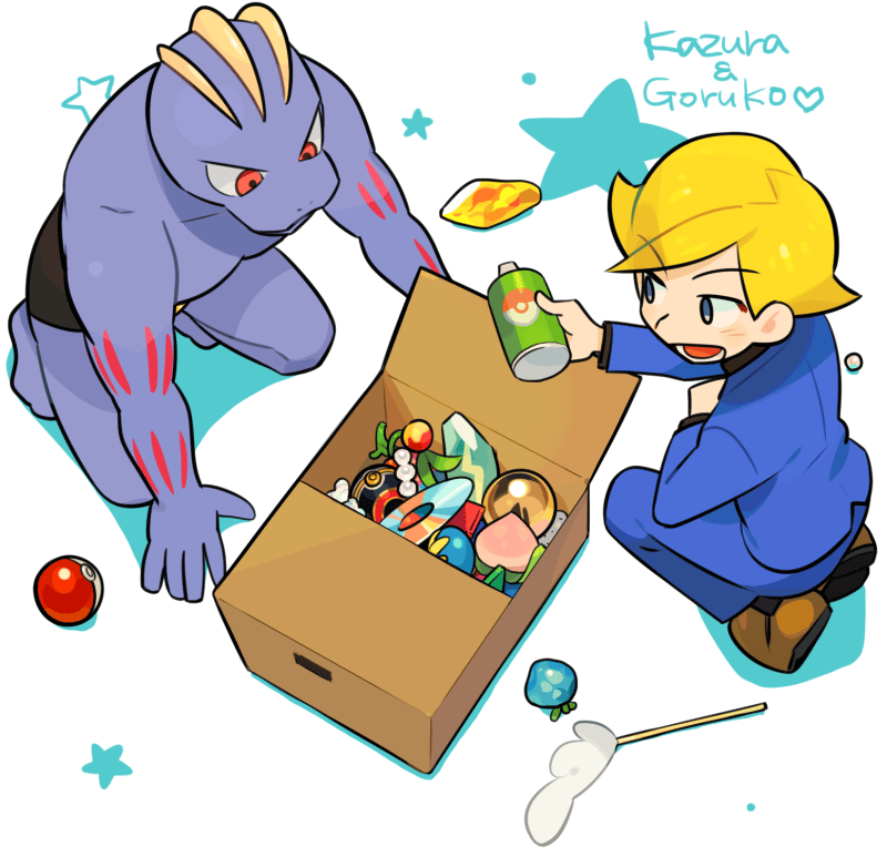 1boy berry_(pokemon) blonde_hair box cardboard_box cd chaz_(pokemon) cheri_berry colored_skin evolution_stone evolutionary_stone fire_stone game_freak gen_1_pokemon heart luxury_ball machoke male_focus nintendo open_mouth pecha_berry poke_ball poke_ball_(basic) pokemon pokemon_(creature) pokemon_oras purple_skin repel squatting star_(symbol) thunder_stone ucchii