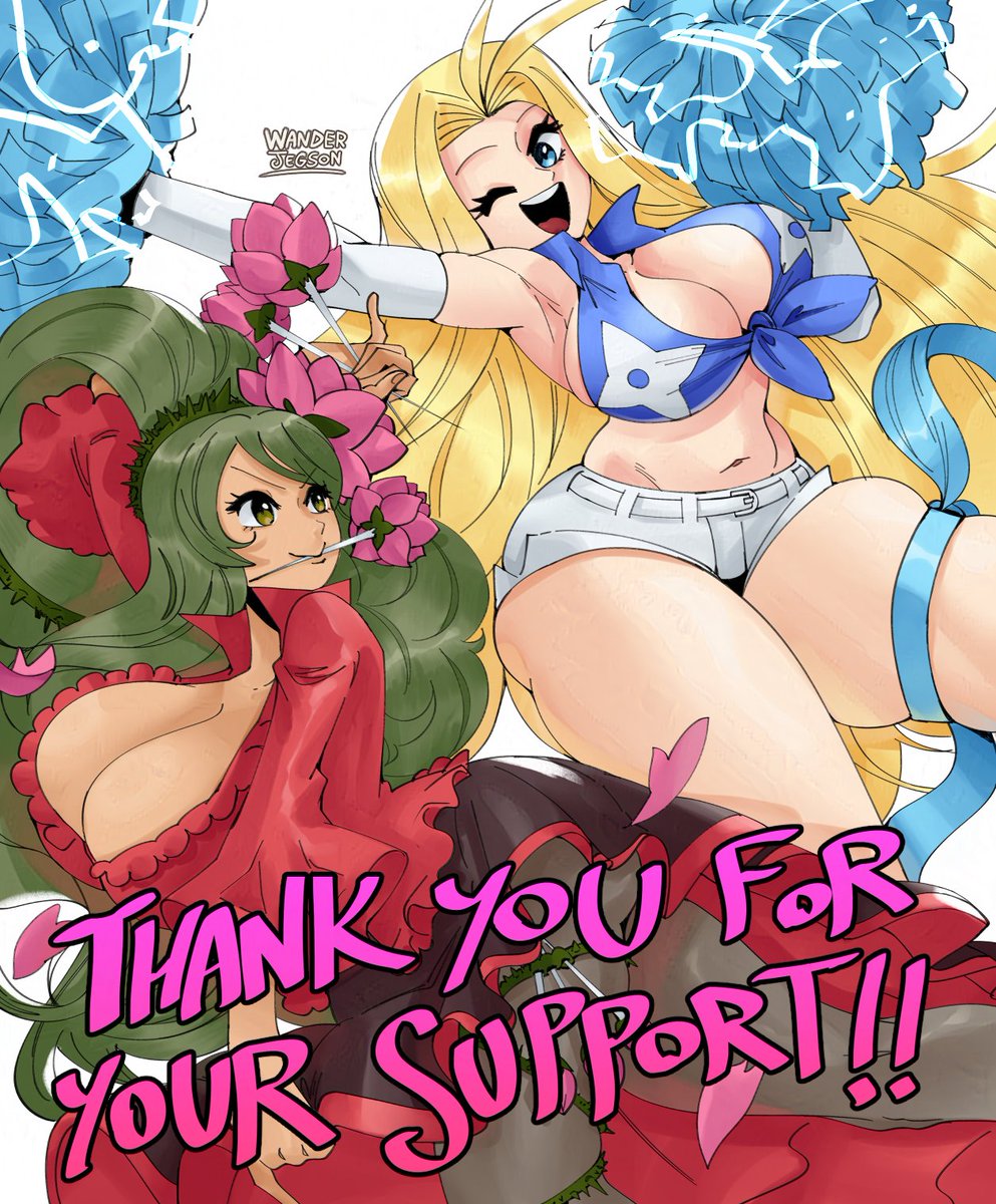 2girls ageha_(senran_kagura) blonde_hair blue_eyes blue_shirt breasts cleavage crop_top dark-skinned_female dark_skin flower frilled_sleeves frills front-tie_top full_body gift_art green_eyes green_hair hair_flower hair_ornament hand_up highres holding holding_flower holding_needle holding_pom_poms huge_breasts large_breasts long_hair long_skirt long_sleeves looking_at_viewer low_neckline mouth_hold multiple_girls navel needle one_eye_closed open_mouth pantyhose pink_flower pink_rose pom_pom_(cheerleading) pom_poms red_shirt rose senran_kagura senran_kagura_new_wave shirt short_shorts shorts side_slit skirt sleeveless sleeveless_shirt smile teeth thank_you thick_thighs thigh_strap thighs thorns throwing_needles upper_teeth_only v-shaped_eyebrows very_long_hair wanderjegson white_shorts wide_sleeves yoshimitsu_(senran_kagura)