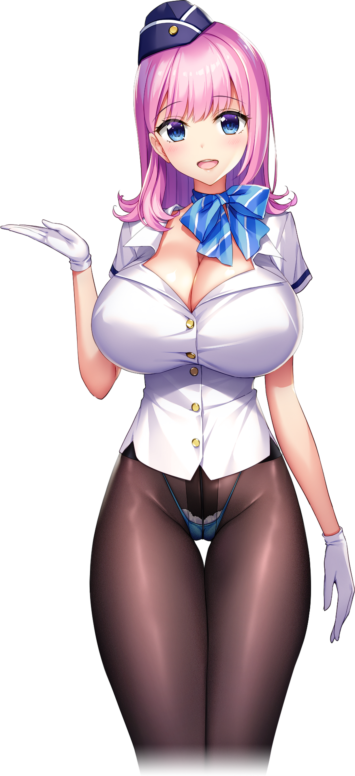 1girl absurdres blue_eyes blue_panties blue_ribbon blush bow bowtie breasts cleavage covered_erect_nipples derauea employee_uniform flight_attendant flight_attendant_hat game_cg garrison_cap gloves hat highres hiraoka_tamako huge_breasts large_breasts looking_at_viewer medium_hair milk_factory motto!_haramase!_honoo_no_oppai_chou_ero_appli_gakuen! neck_ribbon no_pants non-web_source official_art open_mouth outstretched_hand panties pantyhose pink_hair ribbon shirt smile solo sprite tachi-e thong transparent_background travel_attendant underwear white_gloves white_shirt